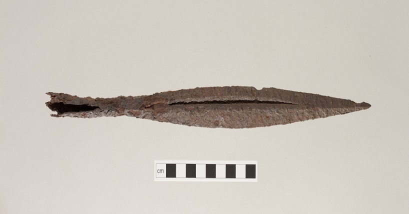 Anglo Saxon spear head uncovered at Grange Farm. Image courtesy of Pre-Construct Archaeology (PCA).